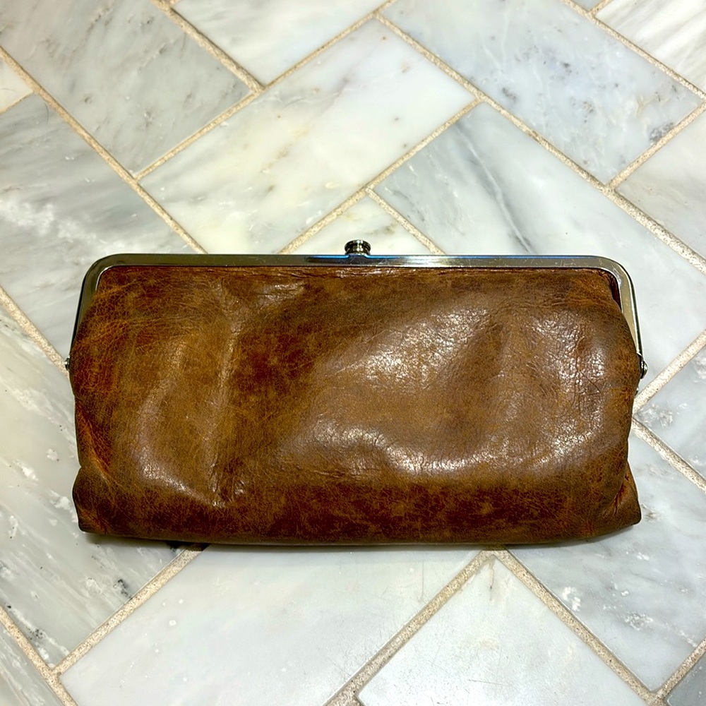 Brown, distressed, hobo, leather wallet with chrome trim